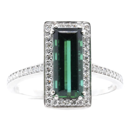 18K White Gold Elongated Green Tourmaline With Diamond Accents Ring