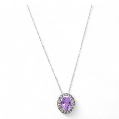 10K White Gold Oval Amethyst With Diamond Halo Pendant Necklace