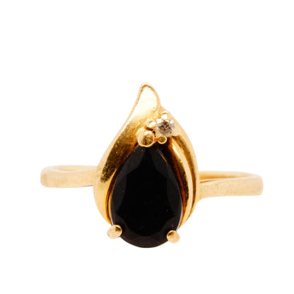 14K Gold Black Pear Shaped Stone With Diamond Accent Ring