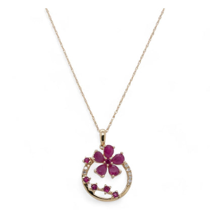 14K Gold Ruby Flower And Accents With Diamond Pendant Necklace