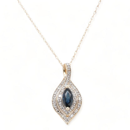 14K Gold Marquise Blue Sapphire Pendant With Double Diamond Halo Necklace