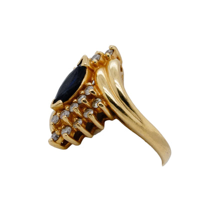 14K Gold Blue Stone Marquise Center Ring With Round Diamond Cluster Bypass