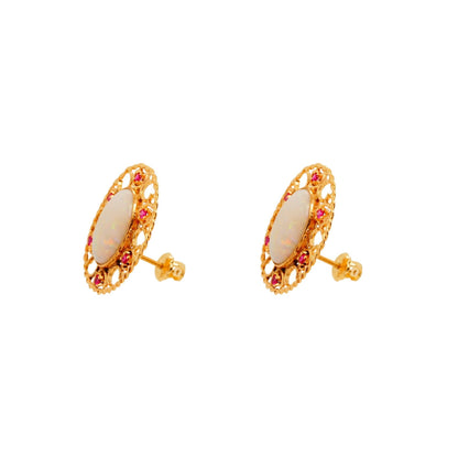 14K Gold Opal And Ruby Stud Earrings With Screw On Backs