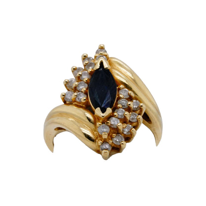 14K Gold Blue Stone Marquise Center Ring With Round Diamond Cluster Bypass