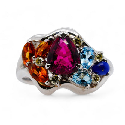 Platinum Multi Precious Gemstone Cluster Cocktail Ring