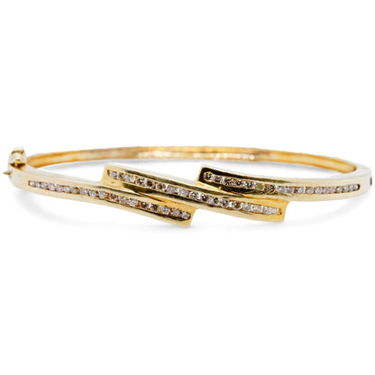 14K Gold Bypass Style Hinged Round Diamond Bangle Bracelet