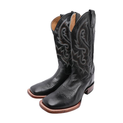 Square Toe Stockman Black Leather Western Boots