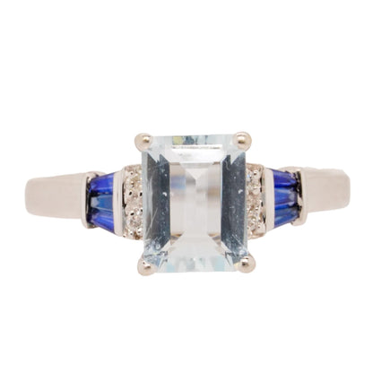 14K White Gold Emerald Shaped Aquamarine With Diamond And Sapphire Accents Band