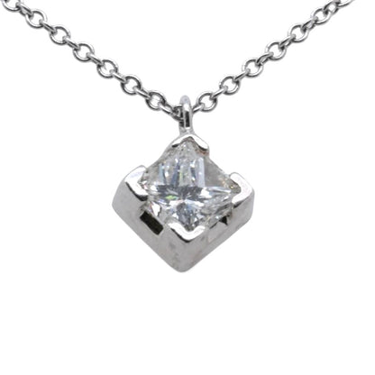 14K White Gold Diagonal Fancy Cut Square Diamond Pendant Necklace