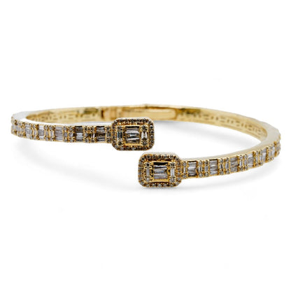 10K Gold Round And Baguette Diamond Pave Hinged Bangle Bracelet