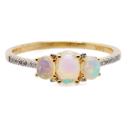 14K Gold Three Stone Opal With Diamond Accents Cocktail Ring