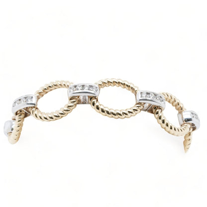 14K Two Tone Gold Oval Cable With Diamond Connecting Links Bracelet