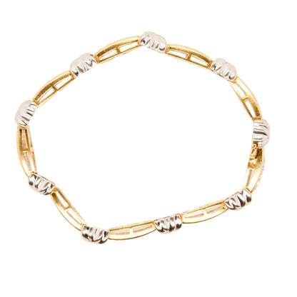 14K Two Tone Gold Bar And X Link Round Diamond Bracelet