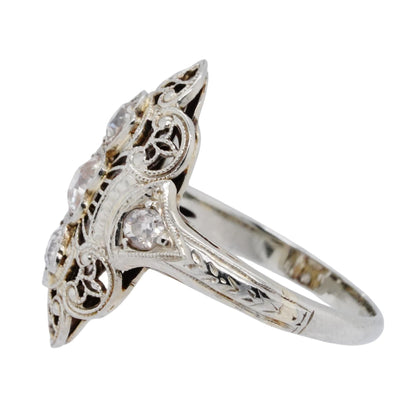 18K White Gold Vintage Lace Style Setting With Mine Cut Diamonds Ring