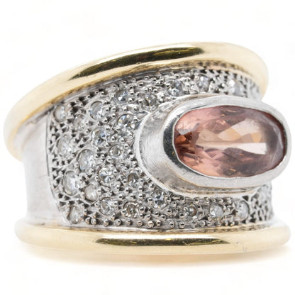 14K Two Tone Gold Diamond Pave With Oval Peach Colored Stone Band