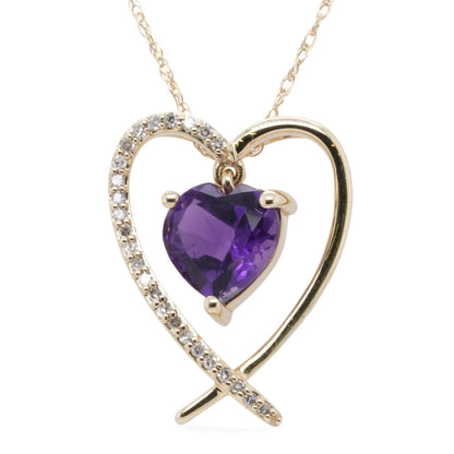 14K Gold Amethyst Garnet Heart With Gold And Diamond Heart Pendant Necklace