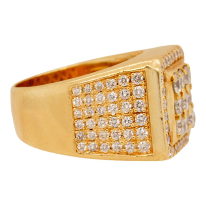 14K Gold Square Cluster Diamond With Round Diamond Halo Gents Ring