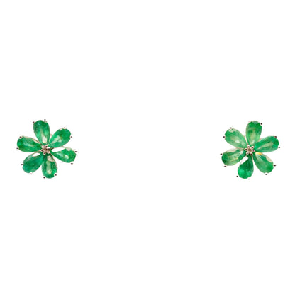 14K White Gold Emerald And Diamond Flower Stud Earrings