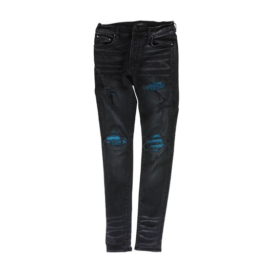 Aged Black MX1 Cracked Blue Leather Jeans