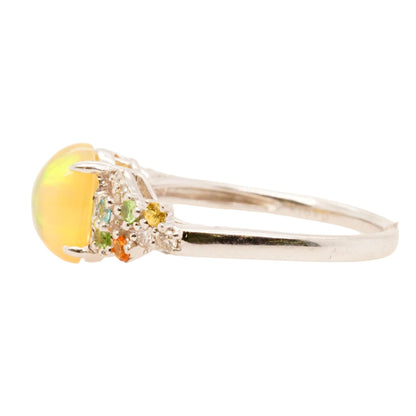 18K White Gold Oval Fire Opal With Precious Gemstones Accent l Ring