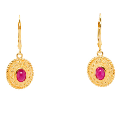 14K Gold Ruby Cabochon Dangle Earrings