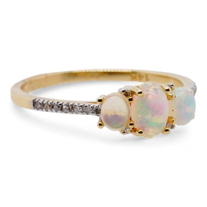 14K Gold Three Stone Opal With Diamond Accents Cocktail Ring