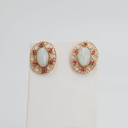 14K Gold Open Work Opal Earrings with Ruby Accents and Screw On Backs