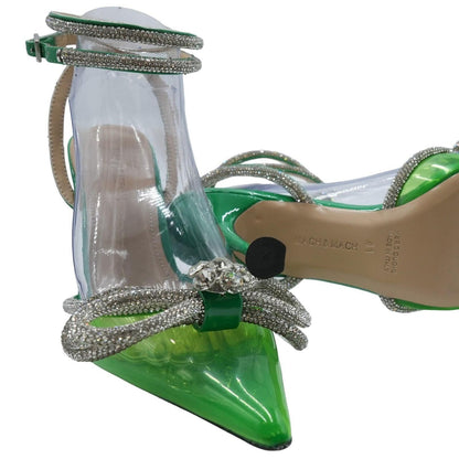 PVC Crystal Embellished Double Bow Ankle Strap Pumps Green Pump Heels