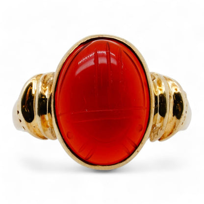 10K Gold Mid Egyptian Revival Carved Carnelian Scarab Ring