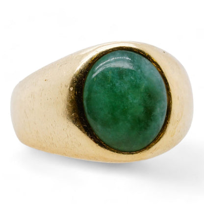 14K Gold Bezel Set Oval Green Stone Gents Ring