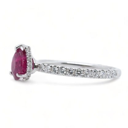 18K White Gold Pear Shaped Ruby With Diamond Accents Ring