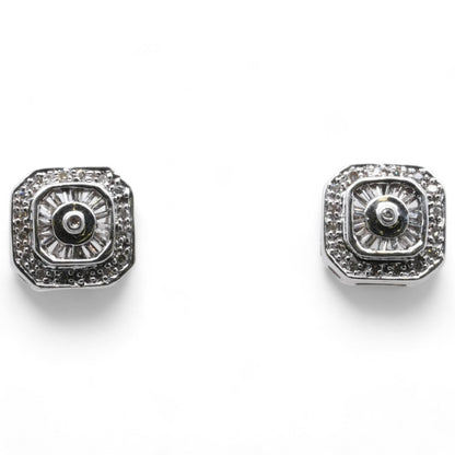 10K White Gold Round And Baguette Diamond Stud Earrings