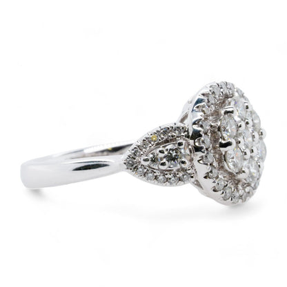 14K White Gold Round Diamond Clusters And Halos Ring