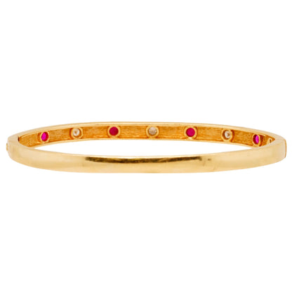 14K Gold Round Red Stone And Diamonds Bangle Bracelet