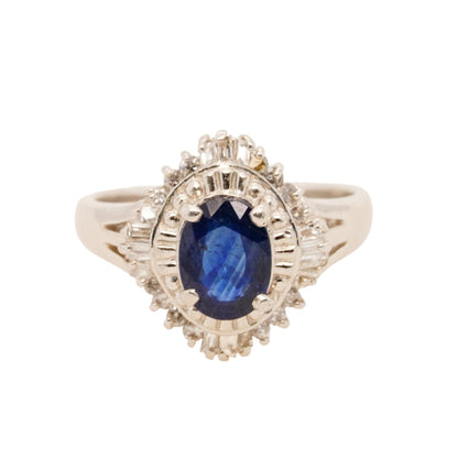 Platinum Oval Blue Sapphire With Ballerina Diamond Halo Cocktail Ring