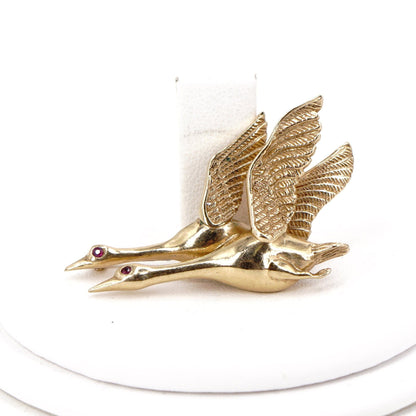 14K Gold Canadian Geese Brooch with Red Stone Eyes