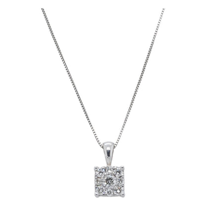 14K White Gold Square Cluster With Round Diamonds Pendant Necklace