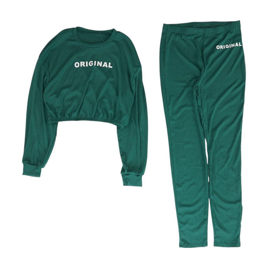 Green Solid Cropped Knit Top and Pant Set