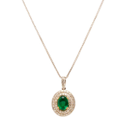 14K White Gold Oval Emerald With Double Diamond Halo Pendant Necklace