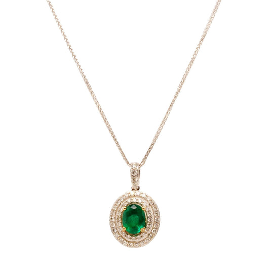 14K White Gold Oval Emerald With Double Diamond Halo Pendant Necklace