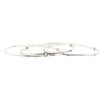 Set Of Three Sterling Silver Bamboo White Topaz Bangle Bracelets