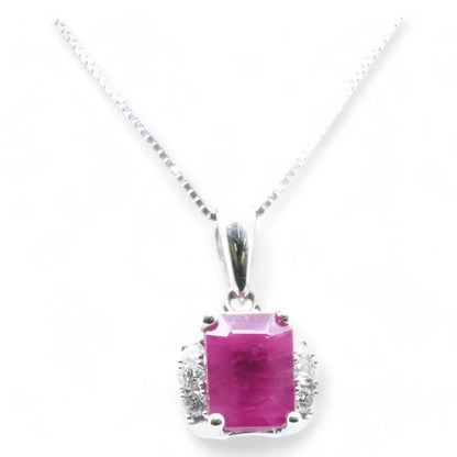 14K White Gold Emerald Shaped Ruby With Diamond Accents Pendant Necklace