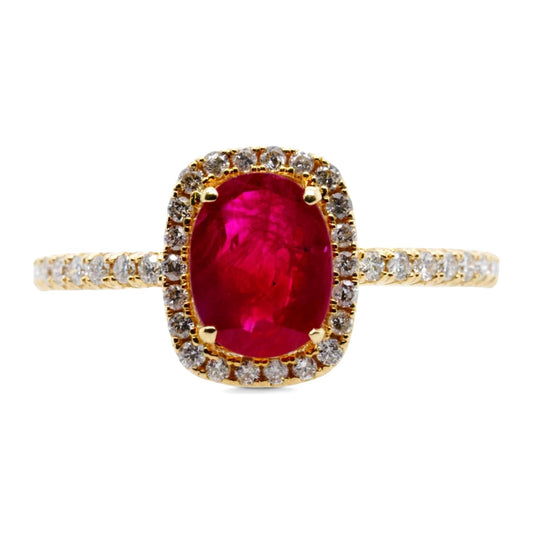 14K Gold Oval Ruby With Diamond Halo And Accents Band