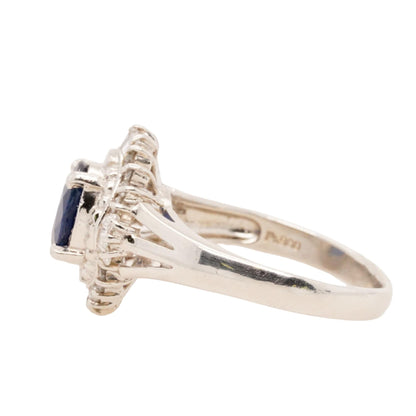 Platinum Oval Blue Sapphire With Ballerina Diamond Halo Cocktail Ring