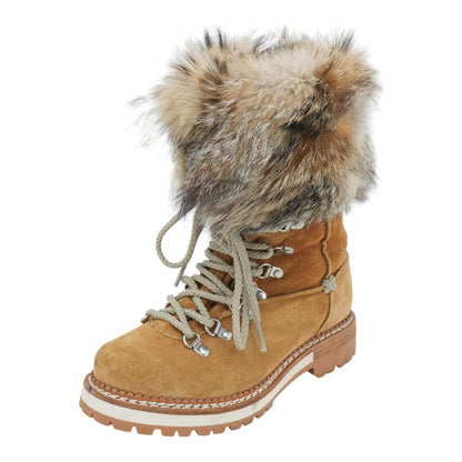 Tan Suede Fur-Trimmed Lace-Up Boots