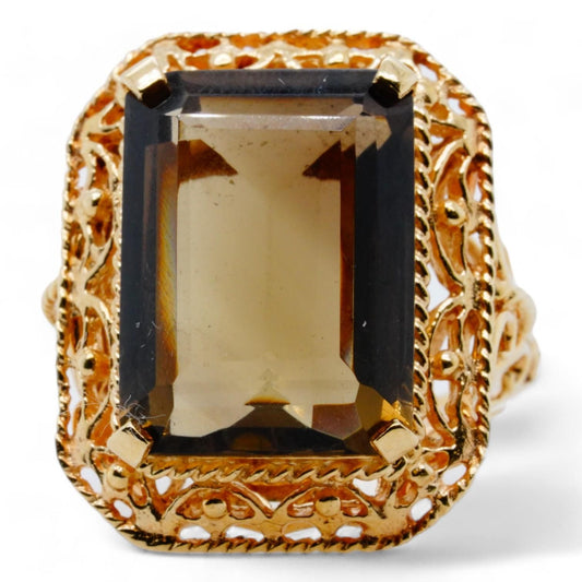 10K Gold Emerald Cut Smoky Topaz Filigree Signet Ring