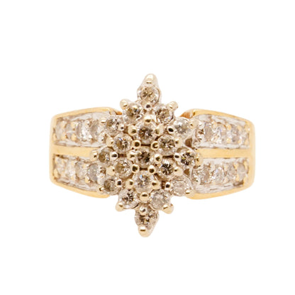 14K Gold Vintage Style Marquise Shape Round Diamond Cluster Ring