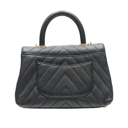 Black Chevron Quilted Coco Top Handle Bag in Caviar Leather