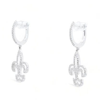 14K White Gold Diamond Fleur De Lis Dangle Earrings