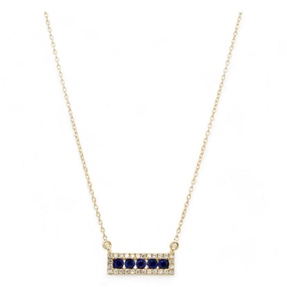 14K Gold Round Blue Sapphires With Diamond Halo Bar Pendant Necklace